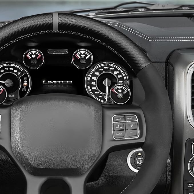 MEWANT Hand Stitch Black Matte PU Carbon Fiber Suede Steering Wheel Cover for Dodge RAM 1500 1500 Classic 2500 3500