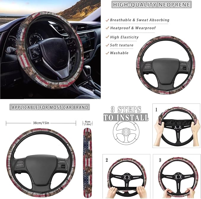 3D Deer American Flag Print 10pcs Car Accessories, Non Fading Auto Front & Rear Seat Cover Steering Wheel Cover Car Trash Can Keychains Coasters Air Vent Storage Bag for Women Men