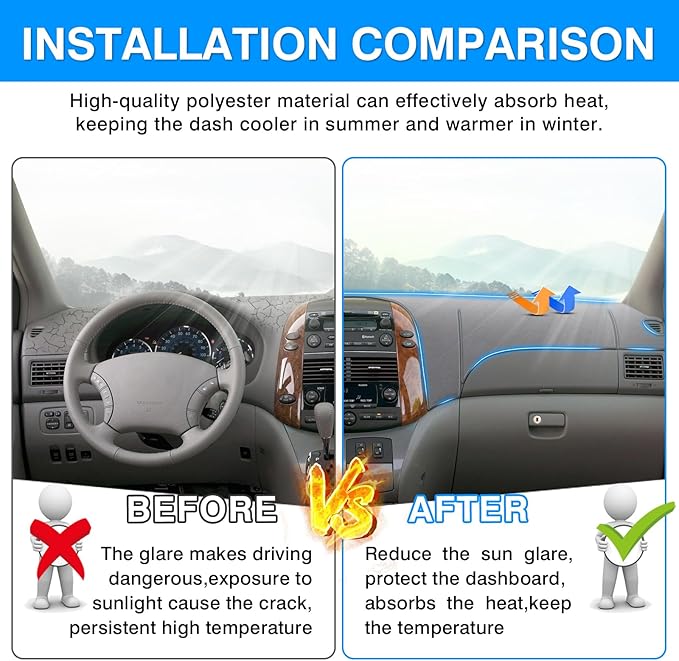 Autorder Gray Dashboard Cover Mat for Toyota Sienna 2004-2010 Accessories Dash Cover Upgrade Polyester Dash Mat Sunshade Glare UV Rays Protector