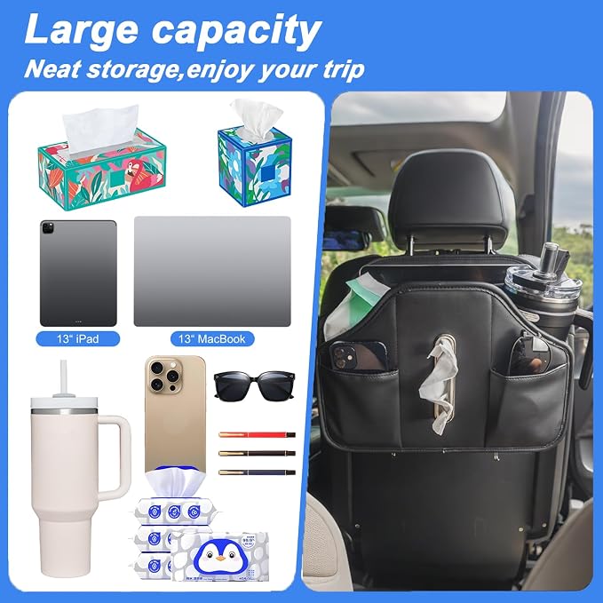Upgraded Car Seat Back Organizer With Extra Large Tissue Holder Fits For Kleenex Tissue Box (50-230ct), PU Leather Headrest Seat Back Storage Accessories (Black-2 Packs)