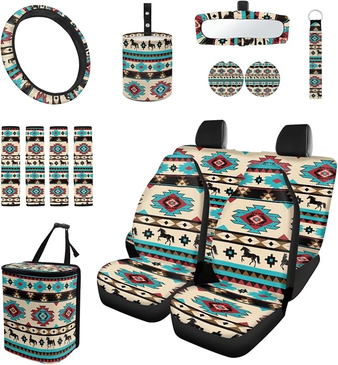 Tribal Geo Car Accessories Car Seats Cover Protector, Steering Wheel Covers, Seatbelt Cover, Car Trash Can, Cup Coasters, Rearview Mirror Cover, Keychains, Pack of 15
