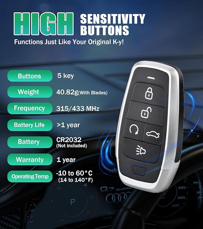 Autel MaxiIM IKEY IKEYAT5TPR Programmable Smart Key Replacement 5 Buttons Lock Unlock Air Suspension Remote Start Panic Buttons OE-Quality for 700+ Vehicles OBD Learning 40 meters/130 feet