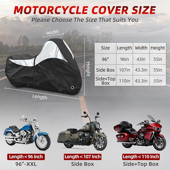 600D Motorcycle Cover, Heavy Duty Waterproof Motorcycle Covers Outdoor Storage with Lock-Holes Compatible with Harley Davidson, Honda, Suzuki, Yamaha (Side Box)