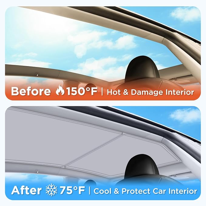 2026 Upgraded for Tesla Model Y Accessories Sunshade Roof [No Sag, Ice-Crystal Cooling Coatings] Heat Insulation Glass Roof Sun Shade for Tesla Model Y Accessories 2020-2024 Beige