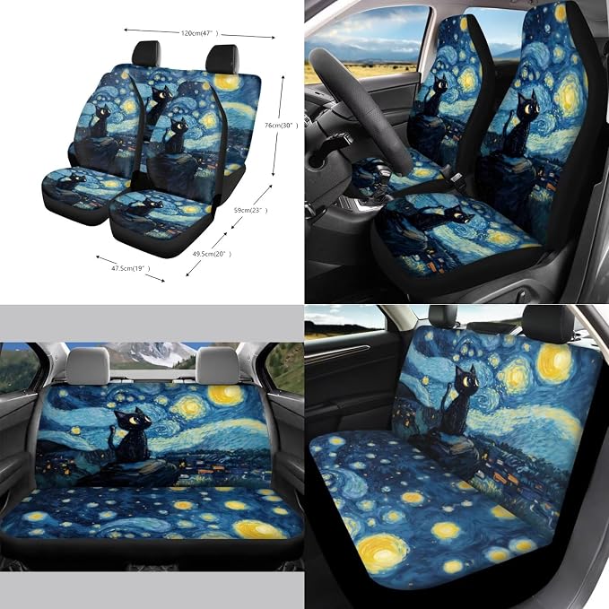Black Cat Starry Night Print Car Accessories Car Seat Covers Full Set with Steering Wheel Covers+Seat Belt Pads+Coasters+Keychain+Lipstick Holder Universal Fit 13 Pack