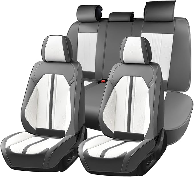Huidasource Automotive Seat Covers, Luxury Faux Leather Seat Covers Leather, Velcro Adjustable, with Airbags, Child Seat, Cooling＆Heating, Universal Fit for Most Cars, Vans, Trucks, SUVs, Gray＆White