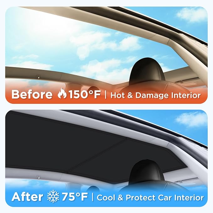 2026 Upgraded for Tesla Model Y Accessories Sunshade Roof [No Sag, Ice-Crystal Cooling Coatings] Heat Insulation Glass Roof Sun Shade for Tesla Model Y Accessories 2020-2024 Black