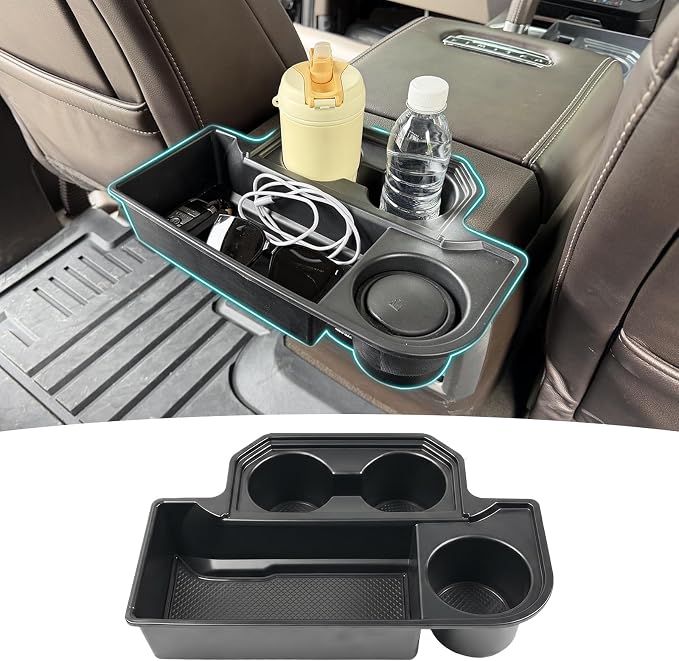 Backseat Cup Holder Insert for 2015-2020 Ford F150 & 2017-2022 F250 F350 F450 Accessories, Rear Center Console Armrest Cup Holder Organizer Tray Drink Holder, Full Console w/Bucket Seats ONLY