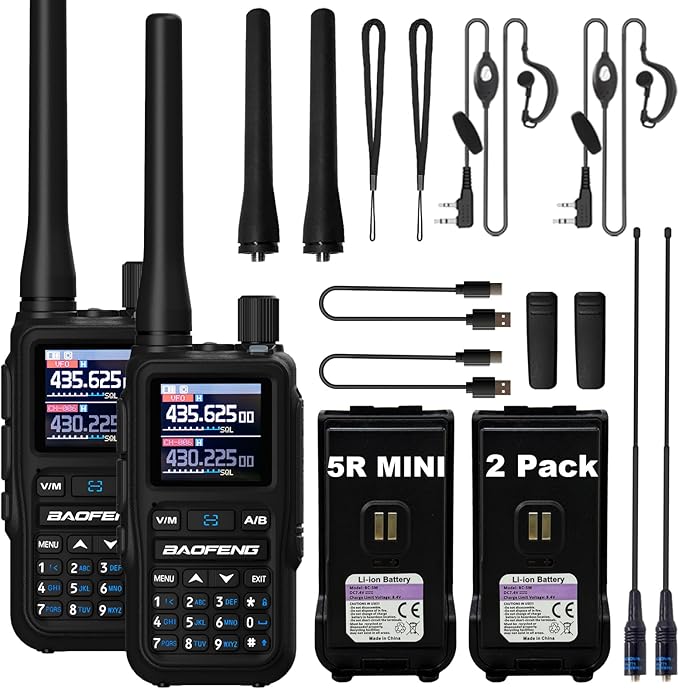 BAOFENG UV-5R Mini Two Way Radio BF-5R Mini Walkie Talkie Wireless Power Adjustable Tiny Size Frequency Copy 999 Channels Type-C Four Colors Portable Ham with 771 Antenna and Headset（2 Pack） (Black)