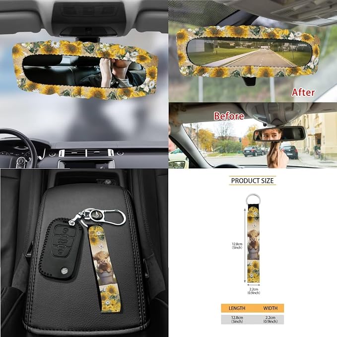 Wanyint Highland Cow Sunflower Car Front Back Seat Covers Full Set, with Car Steering Wheel Cover Safe Belt Pads Coasters Garbage Can Rear View Mirror Cover Keychain Air Vent Storage Holder, Set of 15