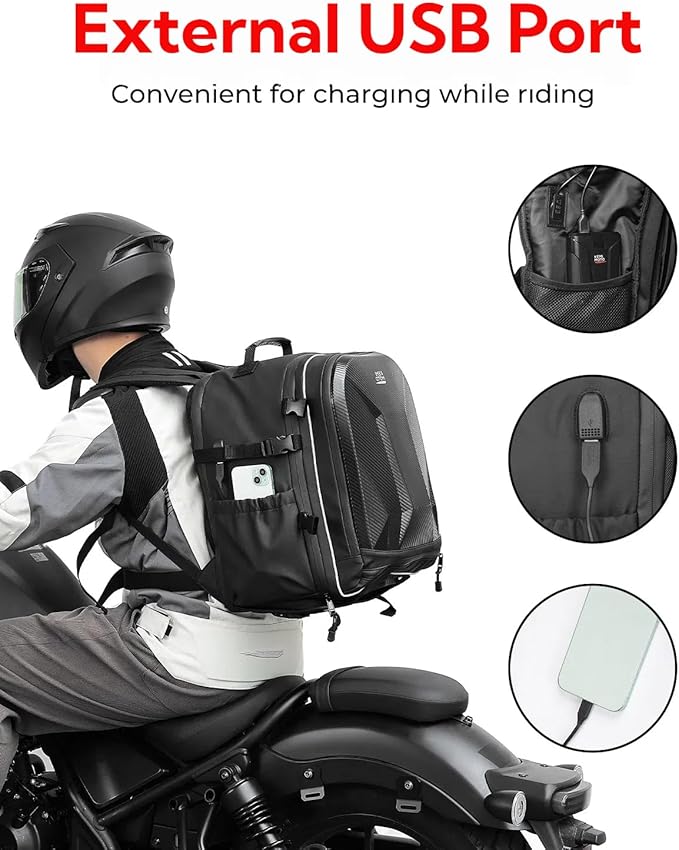 KEMIMOTO Motorcycle Helmet Backpack Bag, 40L Large Capacity Helmet Backpack Hard Shell with Expandable Storage and Rain Cover, USB Charging Port, Waterproof