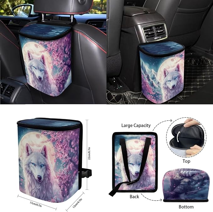Cherry Blossoms Wolf Car Seat Covers Full Set for Women Floral Car Accessories Steering Wheel Cover Seatbelt Pad Coasters Trash Can Car Headrest Pillow Covers Armrest Pad