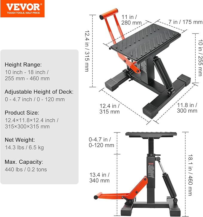 VEVOR Dirt Bike Lift Stand, Motorcycle Jack Lift Stand 440 lbs Capacity and Hydraulic Lift Operation, Adjustable Height Hoist Table, for Dirt Pit Bike Repair, Maintenance, Dirt Bike Accessories