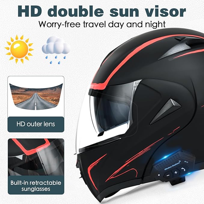 Motorcycle Bluetooth Modular Helmet, DOT Approved Dual Visor Full Face Flip Up Bluetooth Integrated Motorcycle Helmet for Adults Men and Women