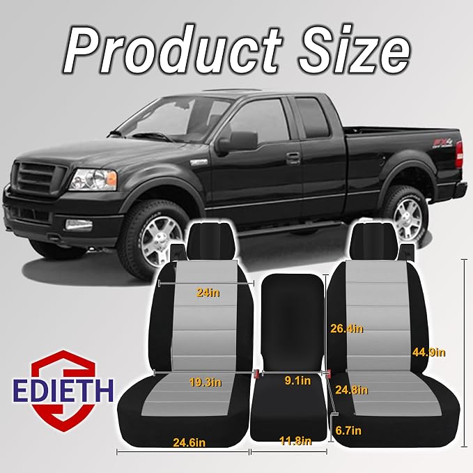 Front 40/20/40 Thickened Heavy-Duty Oxford Fabric Seat Covers Compatible with Ford F150 XL/Standard Cab 2004-2008, Split Bench with Integrated Seatbelts & Solid Armrest-Gray