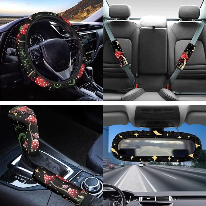 Set of 14 Cute Mushrooms Frog Car Seat Covers Full Set Forest Mushroom Car Seat Covers+Mushroom Steering Wheel+ Coasters+Keychain Mirror Cover+Auto Interior Accessory Protector