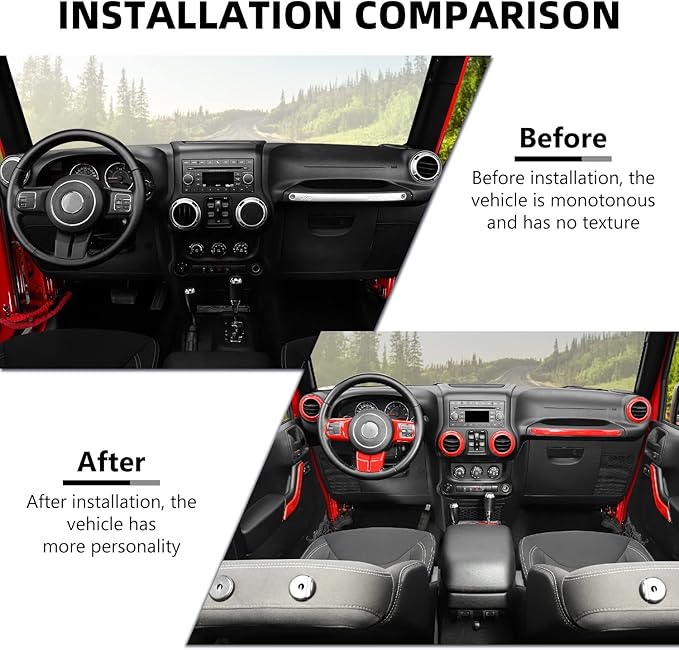 RAZPOY JK 18PCS Interior Trim Kit, Steering Wheel Trim & Gear Shift Cover Air Conditioning Vent Trim Compatible with 2011-2017 Jeep Wrangler JK 4-Door, Red