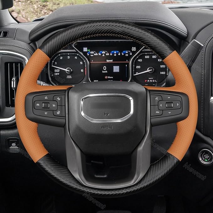 MEWANT Hand Stitch Car Steering Wheel Protector Wrap Cover for GMC Sierra 1500 2019-2023 / Sierra 1500 Limited 2022 / Sierra 2500 2020-2024 / Sierra 3500 2020-2024 / Yukon (XL) 2021-2023 Accessories