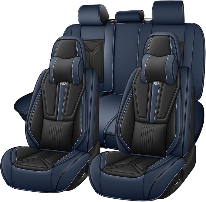 Arazi Fit for 98% of Mazda Seat Covers, 360° Full Wrap Original Seat Cover, Waterproof Nappa Leather Seat Covers with Big Space Storage Pocket Seat Protector（5 Seats Luxury, Black&Blue）