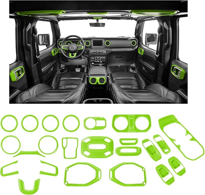 23pcs Full Set Interior Trim Kit for Jeep Wrangler JL JLU Gladiator JT 2018-2023 Steering Wheel Door Handle Air Conditioning Vent Cup Holder Reading Light Headlight Gear Cover, Light Green