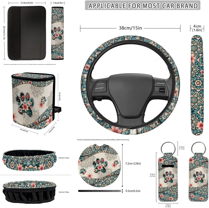 Car Accessories Set of 12, with Boho Mandala Dog Paw Car Seat Covers Full Set Steering Wheel Cover Seat Belt Pads Car Trash Can Rear View Mirror Cover for Auto Truck Van SUV