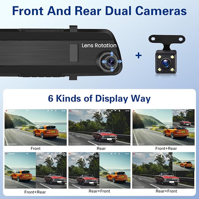 1080P Dual Lens Rear View Mirror Camera, 4 Inch Touchscreen Mirror Dash Cam Front and Rear, Exposure Adjustment/Loop Recording/Motion Detection/Parking Assistance + Backup Camera