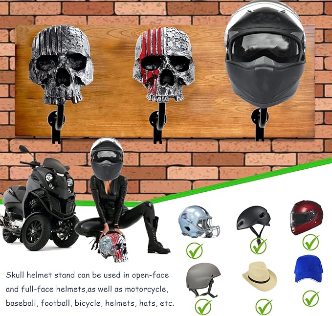Helmet Holder,Skull Helmet Holder Wall Mount Helmet Rack with 2 Hooks Helmet Hanger for Coats,Caps,Baseballs,Rugby Helmet,Motorcycle Accessories