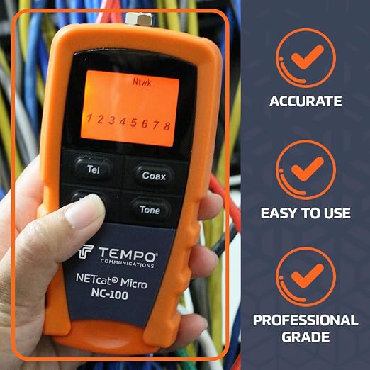 TEMPO NC-100 NETcat Micro Wiring Test Tool, Ethernet Coax Testing, Digital Cable Tester for Voice, Data, Video, Coax, Ethernet (NC-100)