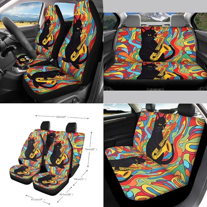 Rainbow Cat Jazz Print 15 Pack Car Seat Cover Set with Steering Wheel Covers Seatbelt Strap Pad Garbage Cans Rear View Mirror Cover Coasters Key Chain Universal Fit