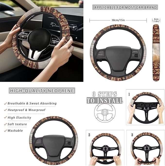 Tribal Horse Automobile Seat Cover Sets 13 Pack with Car Steering Wheel Cover Arm Rest Cover Keychain Holder Protector Seat Belt Pads Suitable for Most Cars,SUV