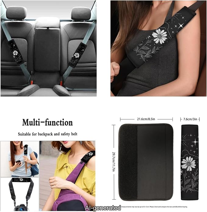 Ystardream Starry Daisy Car Seat Cover Full Set for Women Men Rubber Steering Wheel Cover License Plate Frame Mirror Covers Moon and Stars Car Accessories for Car SUV Truck