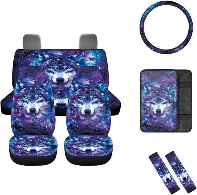 Mumeson Galaxy Wolf Car Seat Covers Set with Seat Belt Shoulder Pads/Steering Wheel Cover/Car Armrest Protcet Cushion Pad 8 Pack Car Accessories Interior Decor for Mens