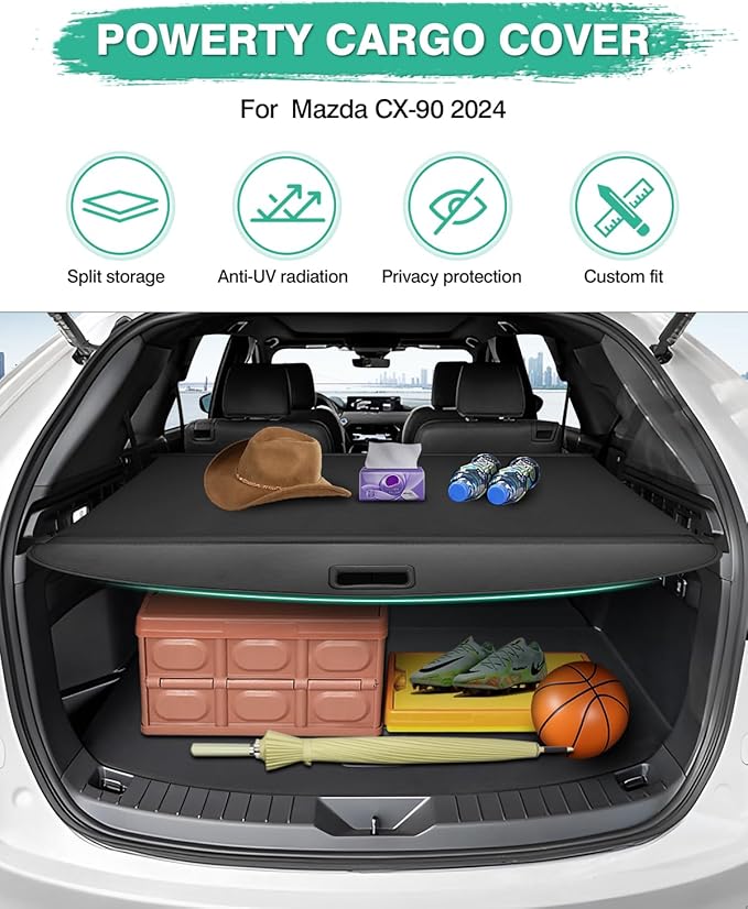 Powerty Retractable Cargo Cover for Mazda CX-90 CX90 Accessories 2024 2025 2026, Canvas Texture Trunk Cover Privacy Screen Rear Security Shade for Mazda CX-90 Accessories