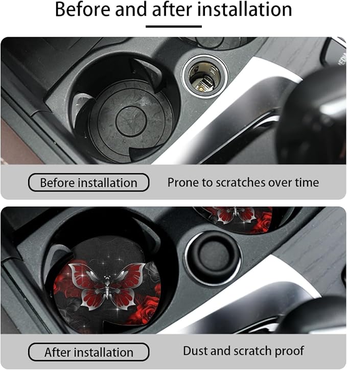 Howilath Red & Sliver Butterfly Rose Universal Car Seat Covers/Steering Wheel Cover/Coasters/Seatbelt Pads/Keychain/Armrest Cushion, Auto Accessories 10pcs