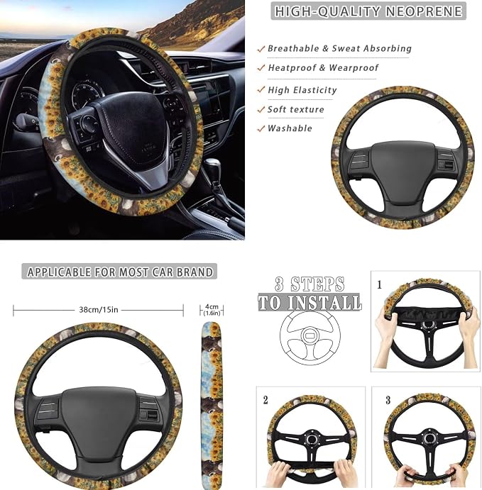 Donkey Car Seat Covers Universal Fit Most Vehicles Seat Cushion Covers Full Set with Steering Wheel Cover/Coasters/Seatbelt Pad/Shift Knob Handbrake Cover Sunflower Auto Accessories Set of 11