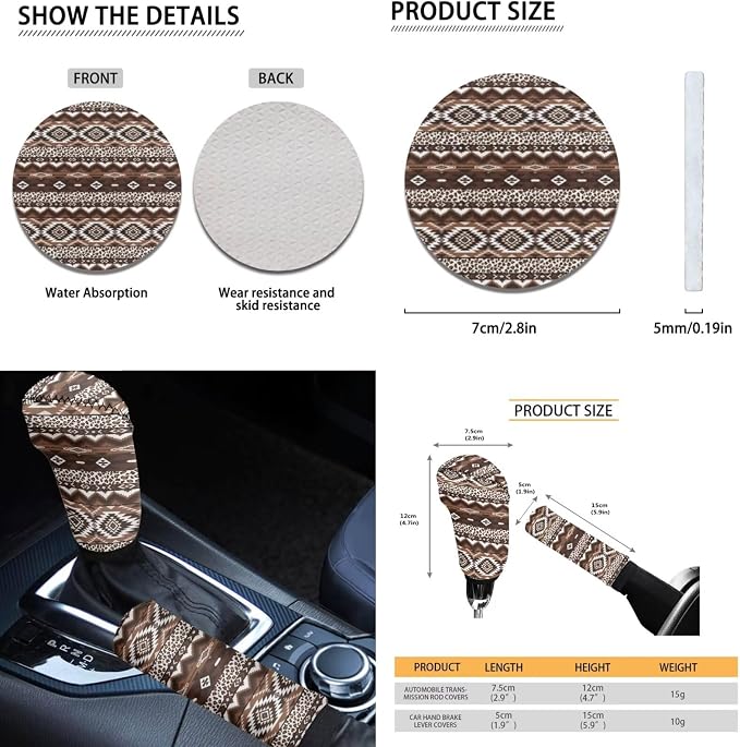 Dreaweet Aztec Leopard Print Car Seat Covers Full Set 12 Pcs - Brown Front and Back Seat Covers with Steering Wheel Cover with Center Console Cover,Coasters,Seatbelt Covers,Gear Shift Handbrake Cover