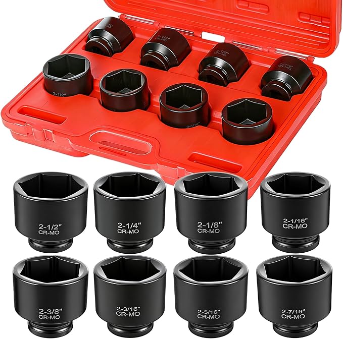 02392A 3/4" Impact Socket Set, 3/4” Drive, SAE Standard Sizes 2-1/16 Inch to 2-1/2 Inch, Chrome-Moly Cr-Mo Steel, 8 PC Jumbo Sockets