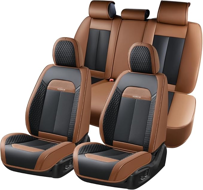 FLORICH Leather Car Seat Covers Full Set, Breathable Waterproof Nappa Leather Seat Covers, Gary Seat Covers, Automotive Interior Cover Universal for Cars SUV Truck Sedan - Coffee