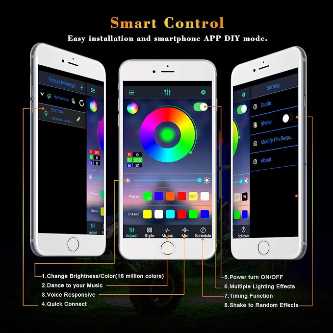 RGB LED Rock Light Kits 4 Pods Underglow Neon LED Lights with Bluetooth Control Waterproof Multicolor Wheel Well Lights for Truck SUV ATV UTV Boat Marine Motorcycle Off Road