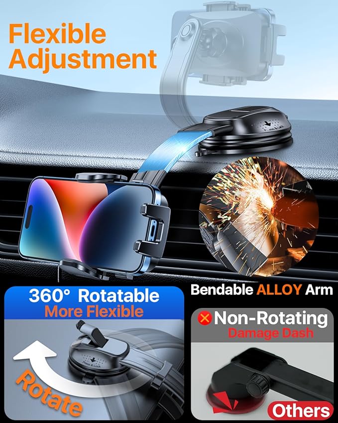 HTU Upgraded Strongest Suction Car Phone Holder Bendable Arm, Never Block View Rotatable Cellphone Mount for Dashboard Windshield Vent, Cradle Stand for iPhone 17 16 15 14 13 12 Pro Max (Black)