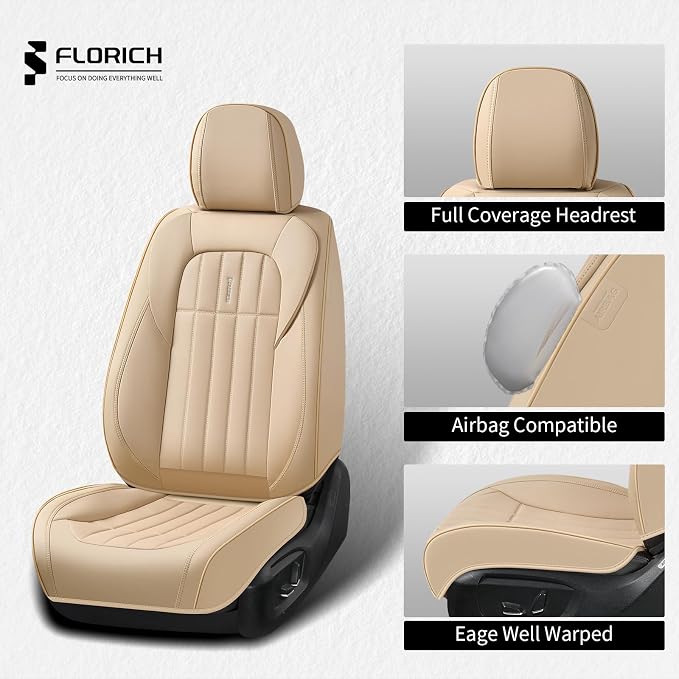 FLORICH Seat Cover, Car Seat Covers Front Set, Waterproof Leather Car Seat Protector, Front Seat Covers for Cars, Automotive Seat Covers Protector 2 Pack Fit for Most Cars Trucks SUV - Beige