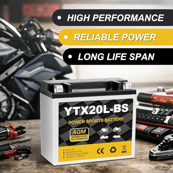 YTX20L-BS 12V 18Ah Motorcycle Battery, 310CCA Sealed AGM Maintenance Free Powersport Battery, Replacement for ATV, UTV, Harley, Scooter