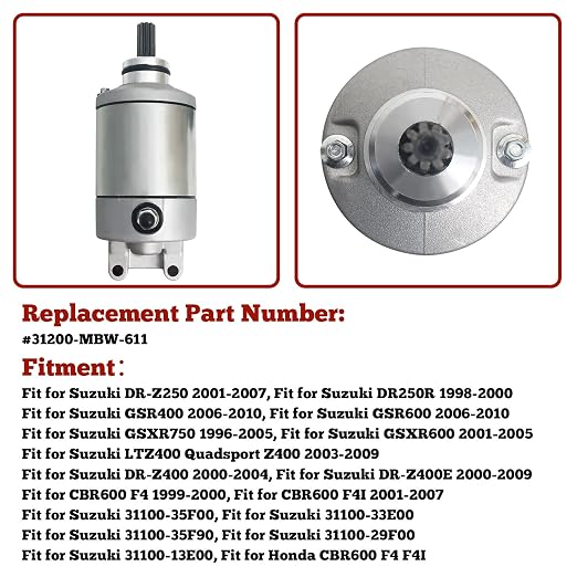 Starter Motor Replacement Fit for Suzuki GSXR 600 600X 600Z 750 750X 2001-2007 Fit for Honda CBR600 F4 F4I 1999-2007 Repl. NO: #31200-MBW-611