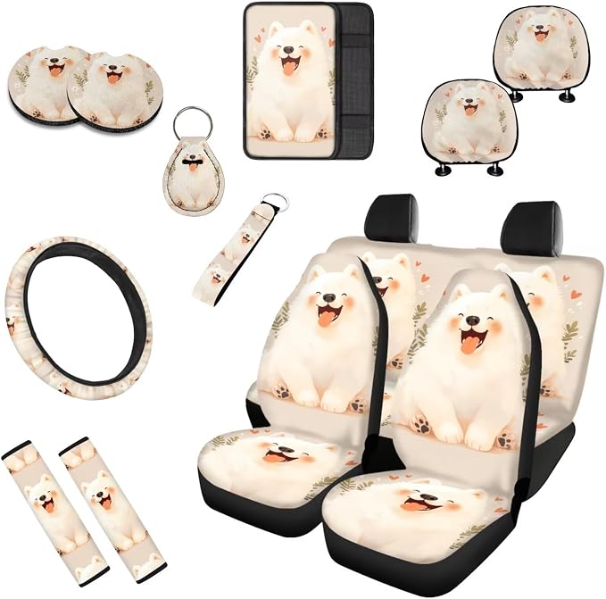 Cartoon Dog Car Seat Covers Set of 13, Lovely Samoyed Dog Steering Wheel Cover Watercolor Samoyed Armrest Cover Seatbelt Covers Cup Mats, Easy to Install Car Seat Cover Set