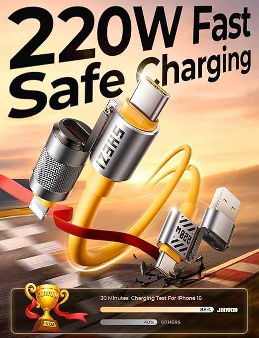 2025 Silicone 4-in-1 USB C Cable 220W Compatible with Lightning Cable Fast Charging & Data Transfer, Support to CarPlay & Android Auto, 5FT Multi Cord Combo Charger for iPhone/iPad