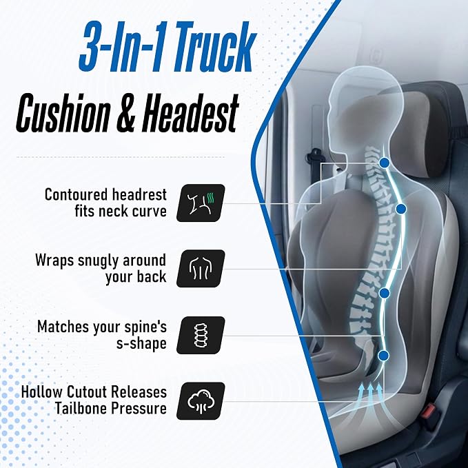 Truck Seat Cushion and Headrest Set for Long Driving - Memory Foam Car Seat Driver Cushion for Tailbone, Back & Sciatica Pain Relief, Ergonomic Lumbar Support for Semi Truck - Drak Gray