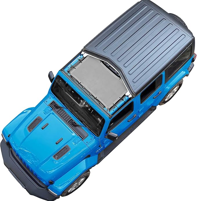 JT JL Top Sun Shade Roof Compatible with Jeep Wrangler and Gladiator 2 or 4 Door 2018 to 2023 Sunshade Sunroof Blocks UV Wind Noise Gray Mesh for Front
