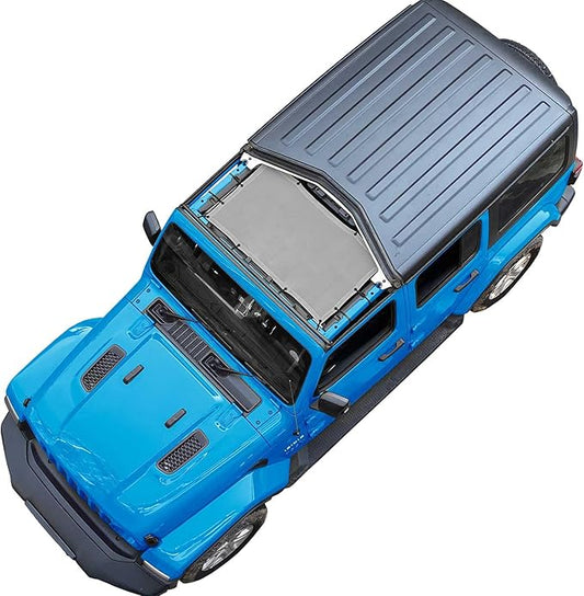 JT JL Top Sun Shade Roof Compatible with Jeep Wrangler and Gladiator 2 or 4 Door 2018 to 2023 Sunshade Sunroof Blocks UV Wind Noise Gray Mesh for Front
