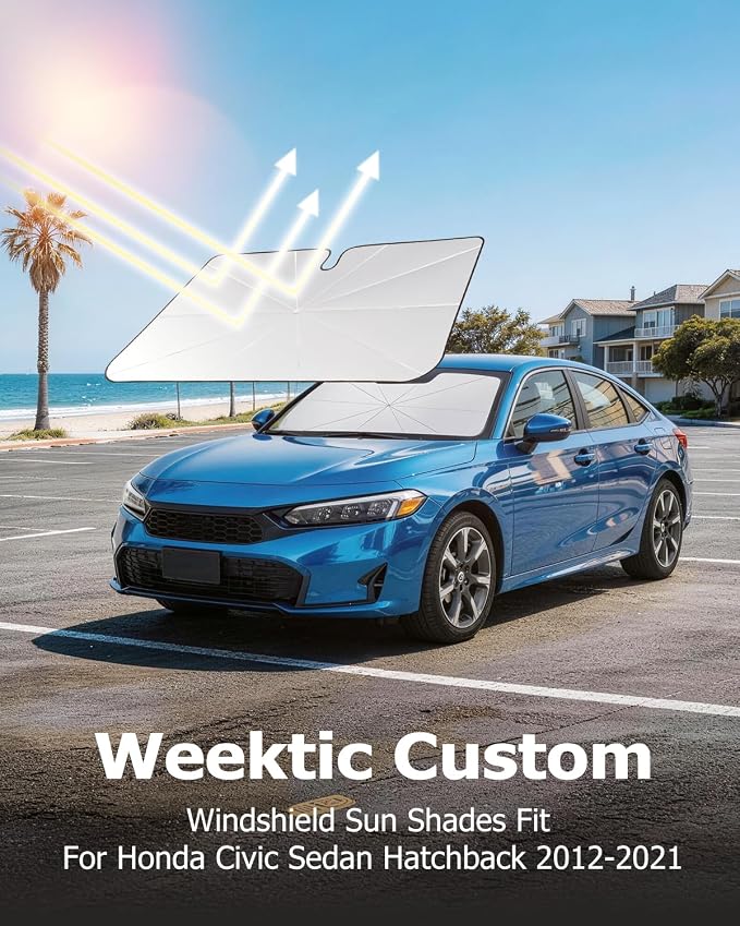 Weektic Custom Windshield Sun Shade Umbrella for Honda Civic Sedan & Hatchback 2012-2021, Double Thickened Ice Crystal Coating Sun & Heat Protection, Keep Vehicle Cool & Protect Interior
