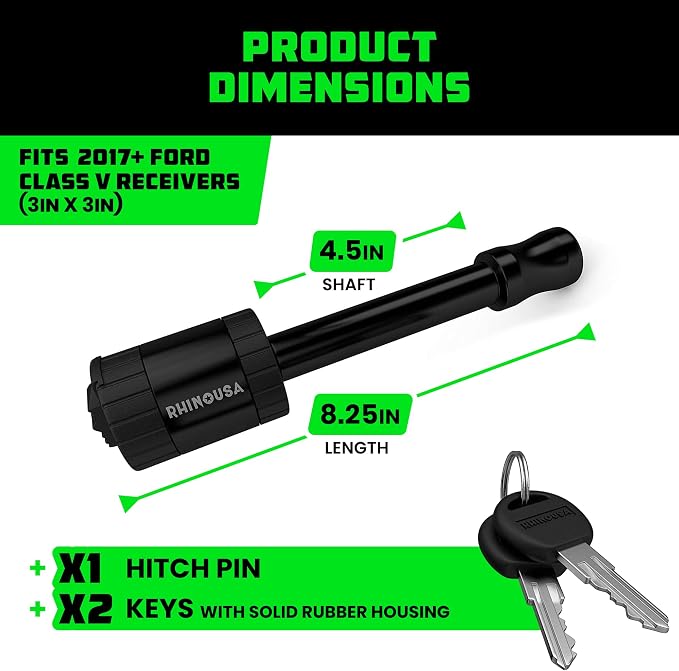 Rhino USA 3” Trailer Hitch Pin – Patented 5/8" Locking Receiver Pin for Class V Hitches – Weatherproof, Anti-Theft, Debris-Protected – Tow Truck Ready – Black 1PK